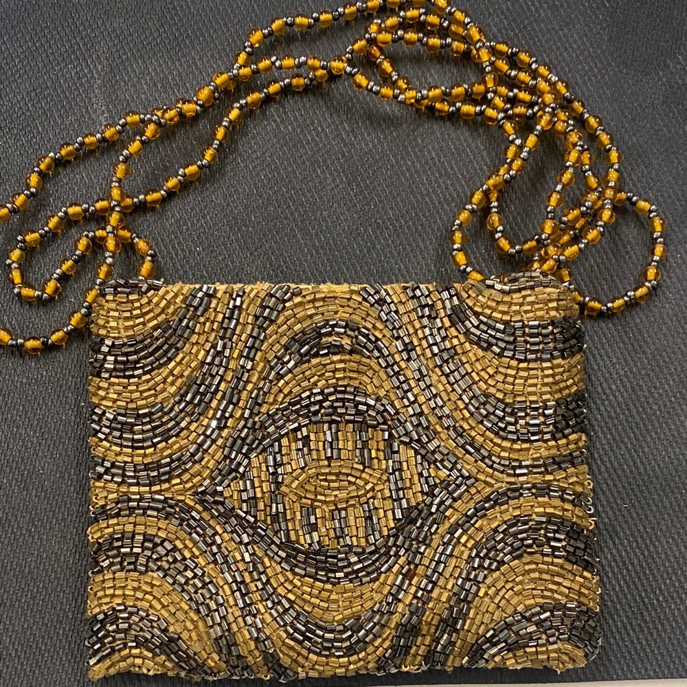 Cross body evening bag MOYNA designer Artisan Beaded Gold and Black like new